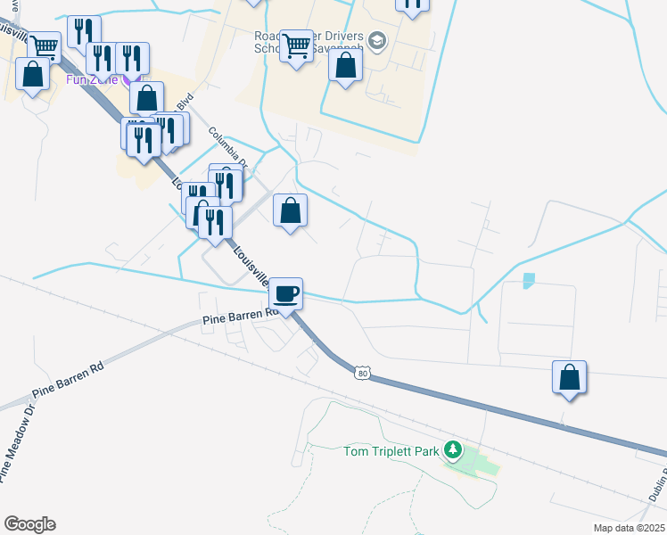 map of restaurants, bars, coffee shops, grocery stores, and more near 5250 Old Louisville Road in Pooler