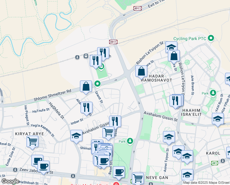 map of restaurants, bars, coffee shops, grocery stores, and more near 25 Basel Street in Petah Tikva