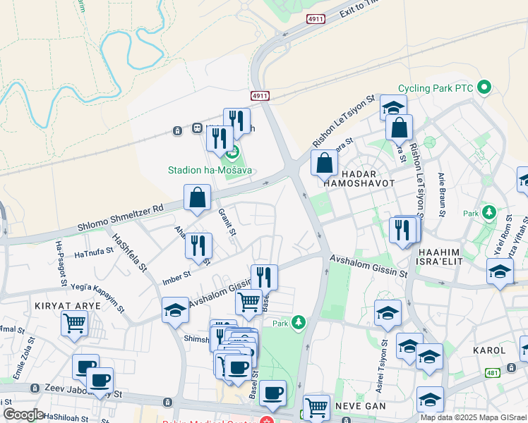 map of restaurants, bars, coffee shops, grocery stores, and more near 25 Basel Street in Petah Tikva
