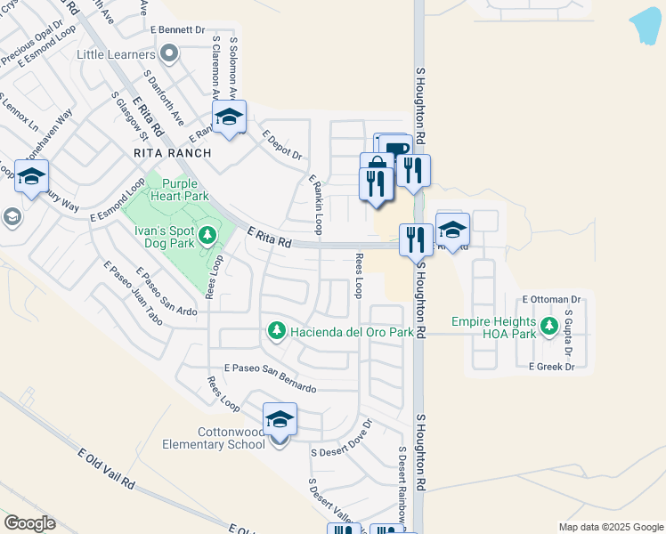 map of restaurants, bars, coffee shops, grocery stores, and more near 10110 East Placita del Timbre in Tucson