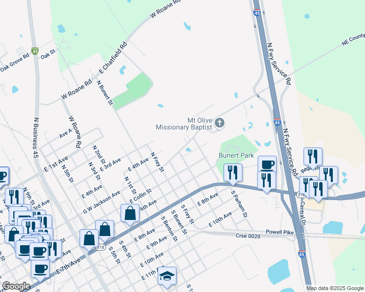 map of restaurants, bars, coffee shops, grocery stores, and more near 1624 G W Jackson Avenue in Corsicana