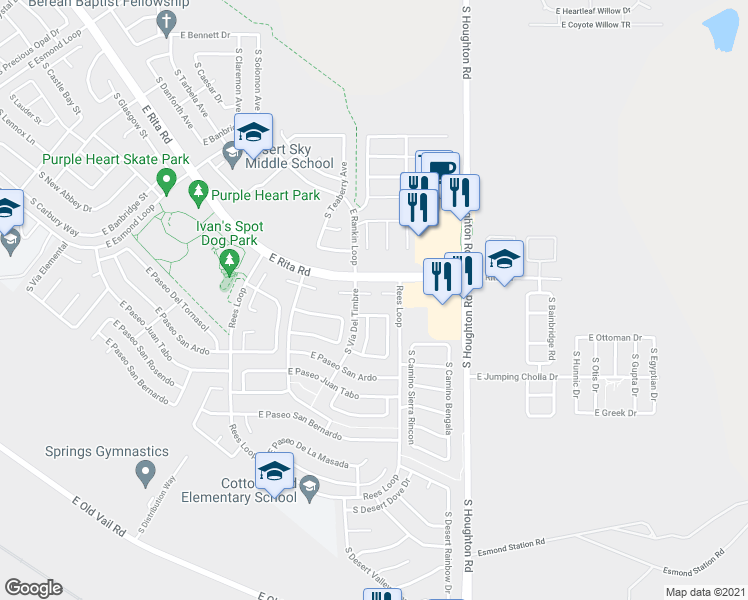 map of restaurants, bars, coffee shops, grocery stores, and more near 10127 East Paseo De Anja in Tucson