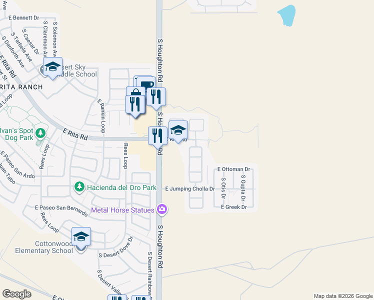 map of restaurants, bars, coffee shops, grocery stores, and more near 8268 South Lost Mountain Road in Tucson
