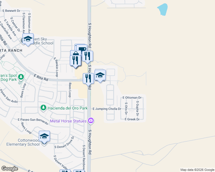 map of restaurants, bars, coffee shops, grocery stores, and more near 8268 South Lost Mountain Road in Tucson