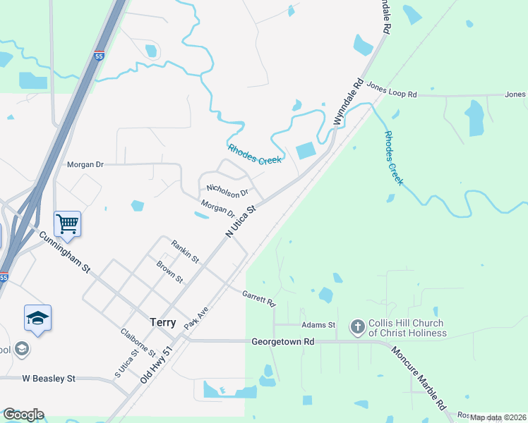 map of restaurants, bars, coffee shops, grocery stores, and more near 616 North Utica Street in Terry