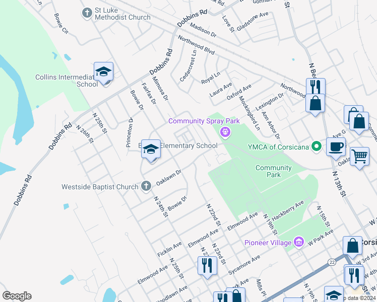 map of restaurants, bars, coffee shops, grocery stores, and more near 1219 Lexington Drive in Corsicana