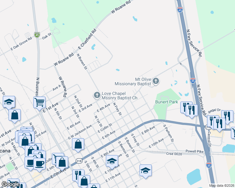 map of restaurants, bars, coffee shops, grocery stores, and more near 1410 East 4th Avenue in Corsicana
