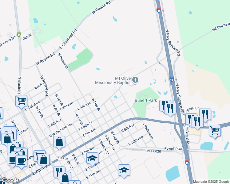 map of restaurants, bars, coffee shops, grocery stores, and more near 1624 G W Jackson Avenue in Corsicana
