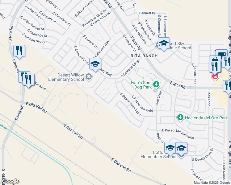 map of restaurants, bars, coffee shops, grocery stores, and more near 8265 South Vía Del Forjador in Tucson
