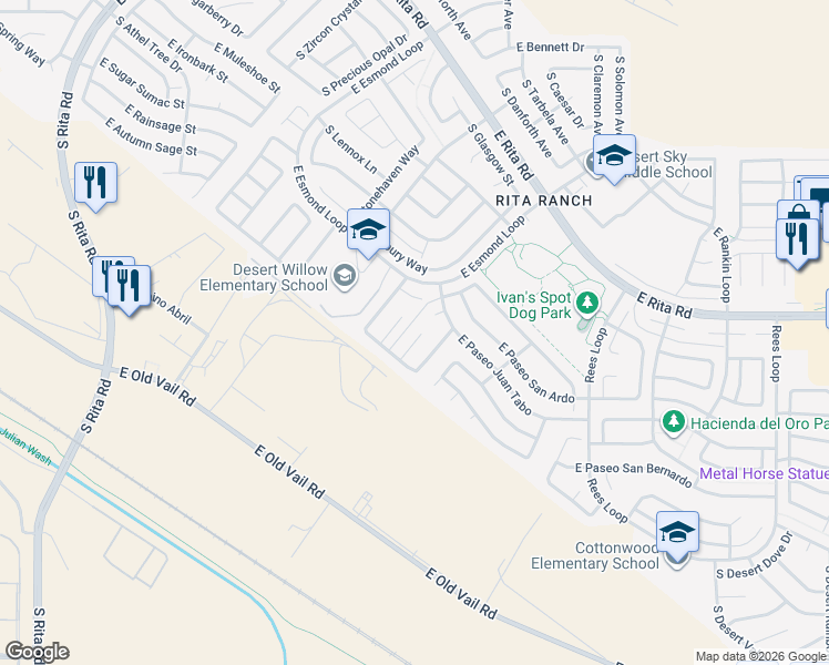 map of restaurants, bars, coffee shops, grocery stores, and more near 8274 South Placita Del Plantio in Tucson
