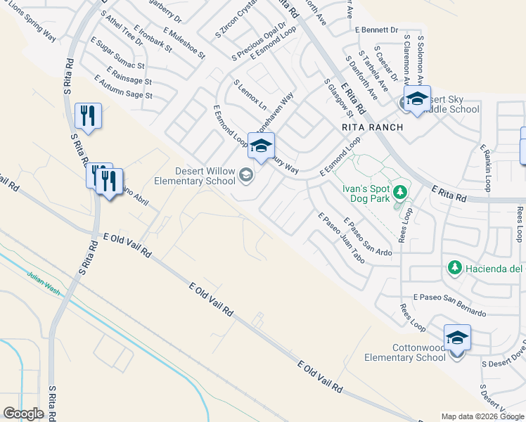 map of restaurants, bars, coffee shops, grocery stores, and more near 9428 East Paseo Del Parque in Tucson