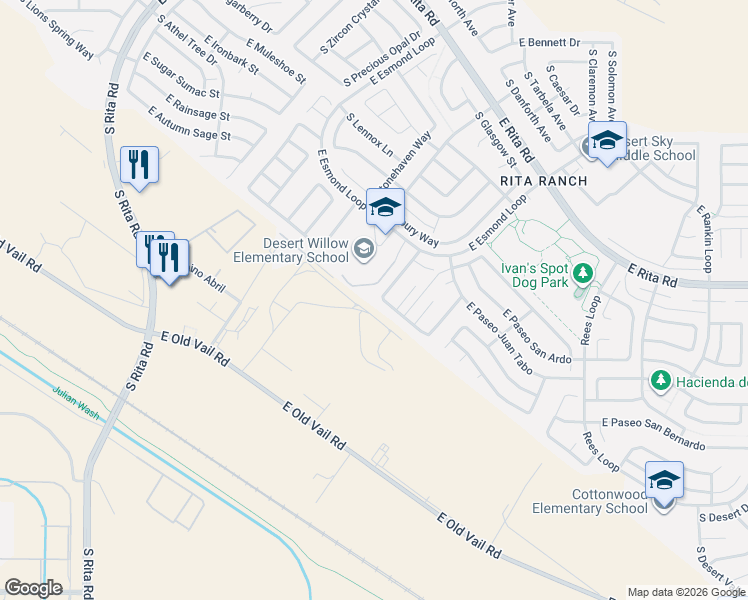 map of restaurants, bars, coffee shops, grocery stores, and more near 9428 East Paseo Del Parque in Tucson