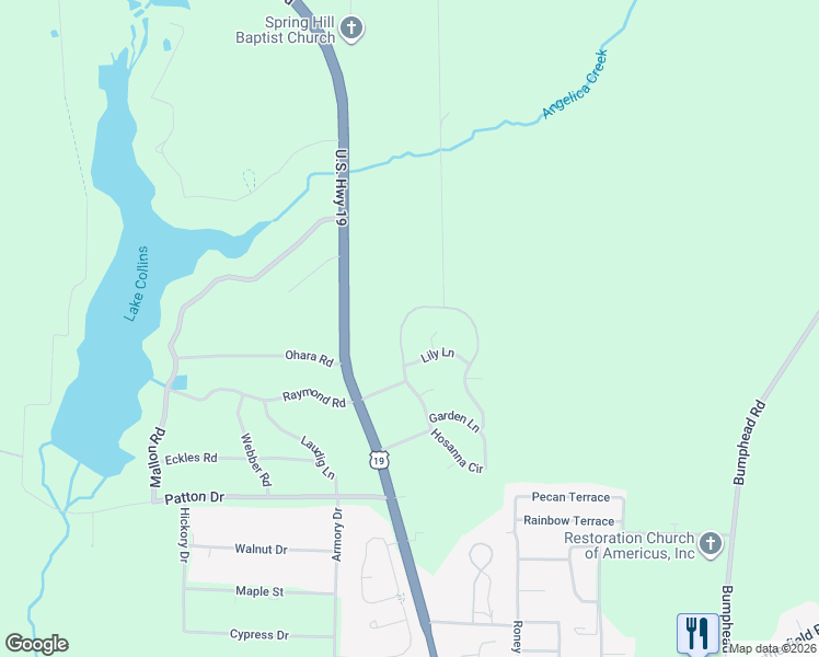 map of restaurants, bars, coffee shops, grocery stores, and more near 112 Lily Lane in Americus
