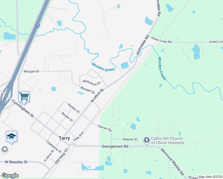map of restaurants, bars, coffee shops, grocery stores, and more near 616 North Utica Street in Terry