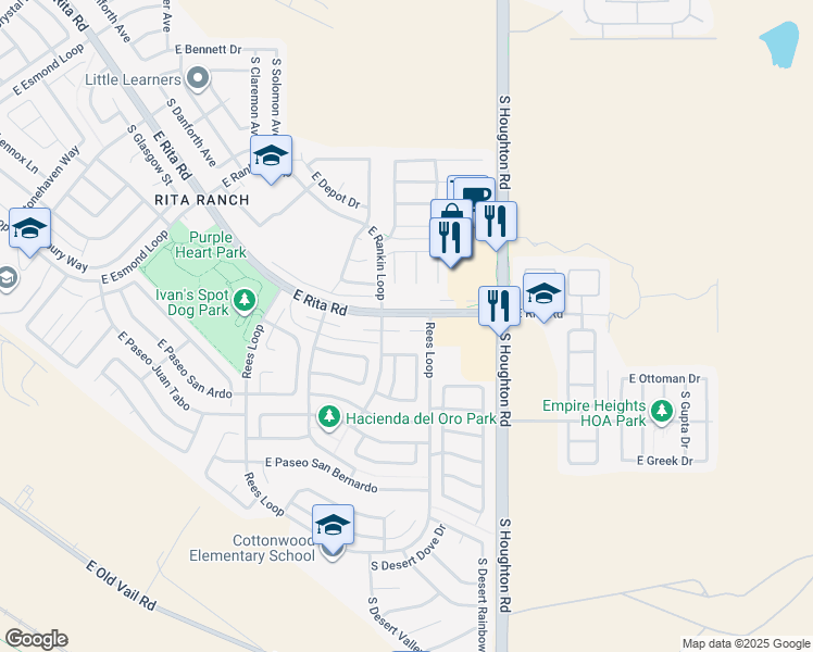 map of restaurants, bars, coffee shops, grocery stores, and more near 10127 East Paseo De Anja in Tucson