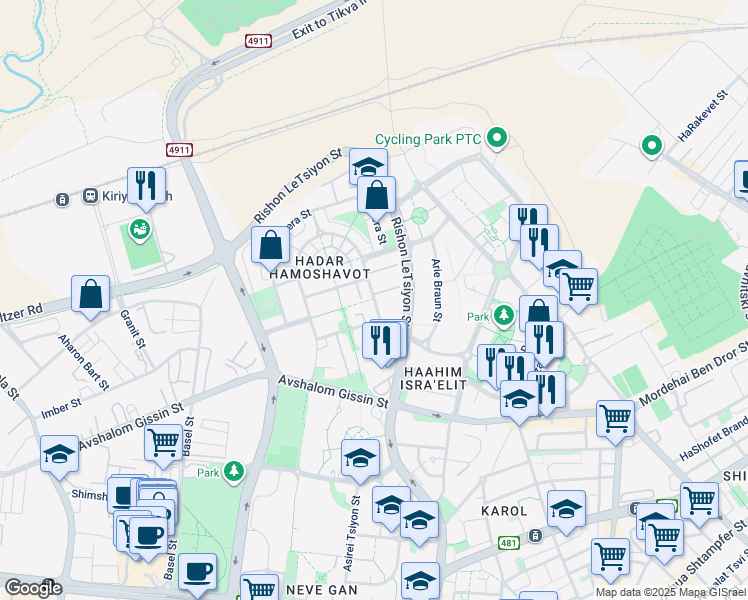 map of restaurants, bars, coffee shops, grocery stores, and more near Zikhron Ya'akov Street in Petah Tikva