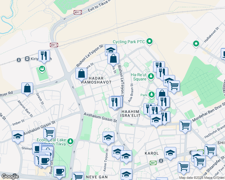 map of restaurants, bars, coffee shops, grocery stores, and more near Zikhron Ya'akov Street in Petah Tikva