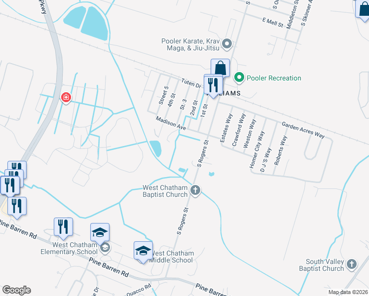 map of restaurants, bars, coffee shops, grocery stores, and more near 1315 South Rogers Street in Pooler