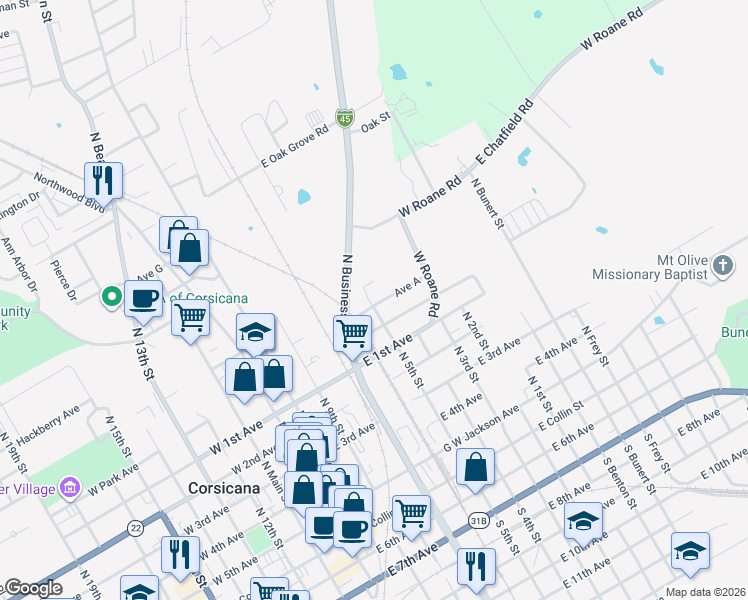 map of restaurants, bars, coffee shops, grocery stores, and more near 713 B Avenue in Corsicana