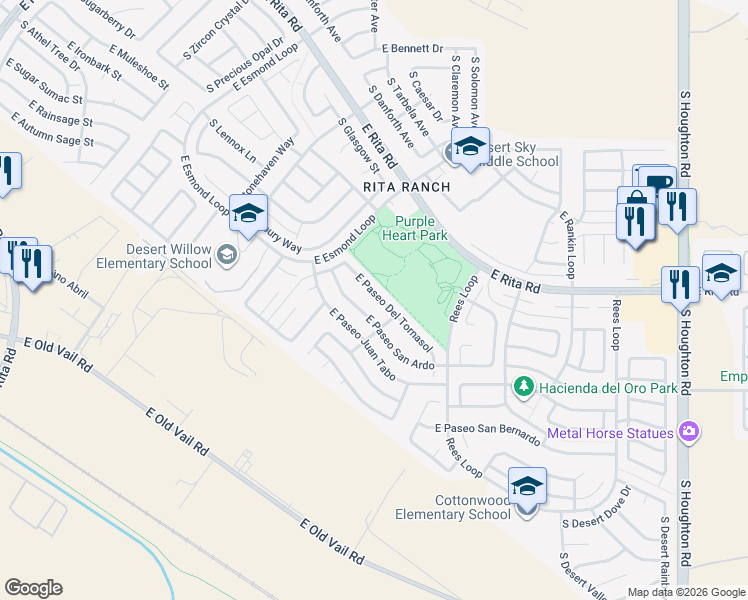 map of restaurants, bars, coffee shops, grocery stores, and more near 9669 East Paseo Del Tornasol in Tucson