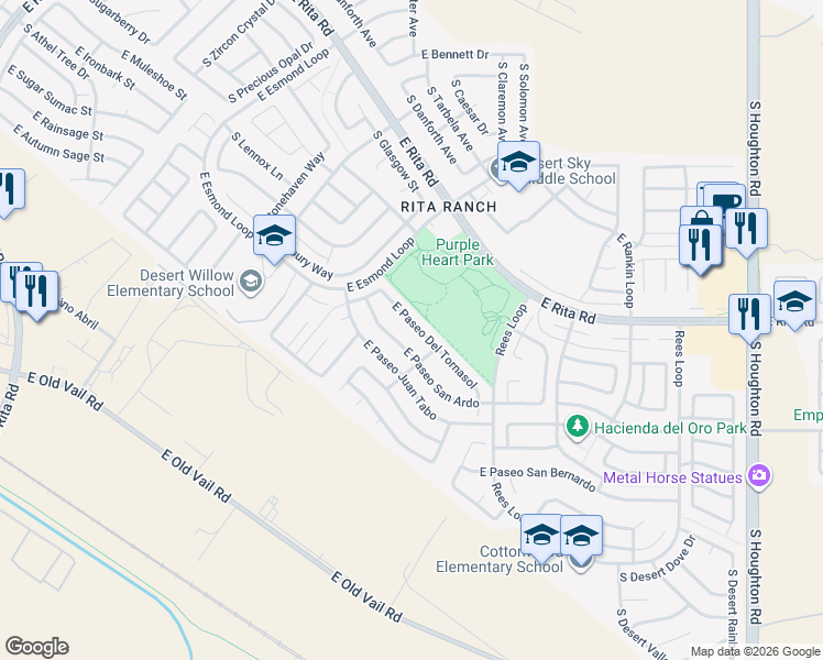 map of restaurants, bars, coffee shops, grocery stores, and more near 9669 East Paseo Del Tornasol in Tucson