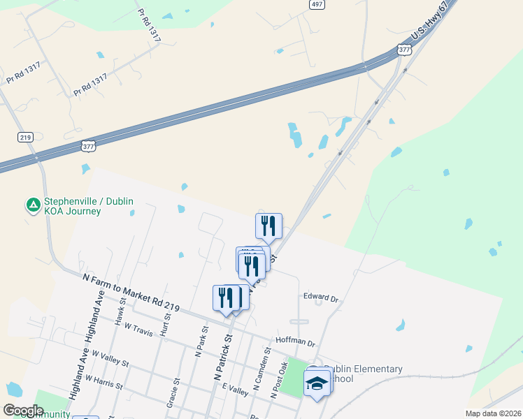 map of restaurants, bars, coffee shops, grocery stores, and more near 20304 South 377 in Dublin