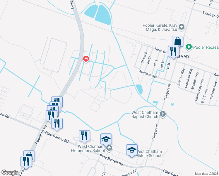 map of restaurants, bars, coffee shops, grocery stores, and more near Madison Avenue in Pooler
