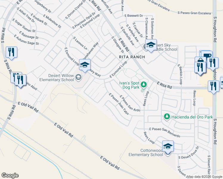map of restaurants, bars, coffee shops, grocery stores, and more near 9598 East Paseo San Ardo in Tucson
