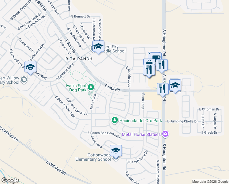 map of restaurants, bars, coffee shops, grocery stores, and more near 9961 East Placita De Las Palmeritas in Tucson