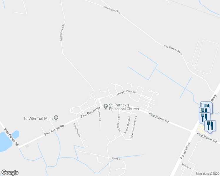 map of restaurants, bars, coffee shops, grocery stores, and more near 6 Majestic Pine Court in Pooler