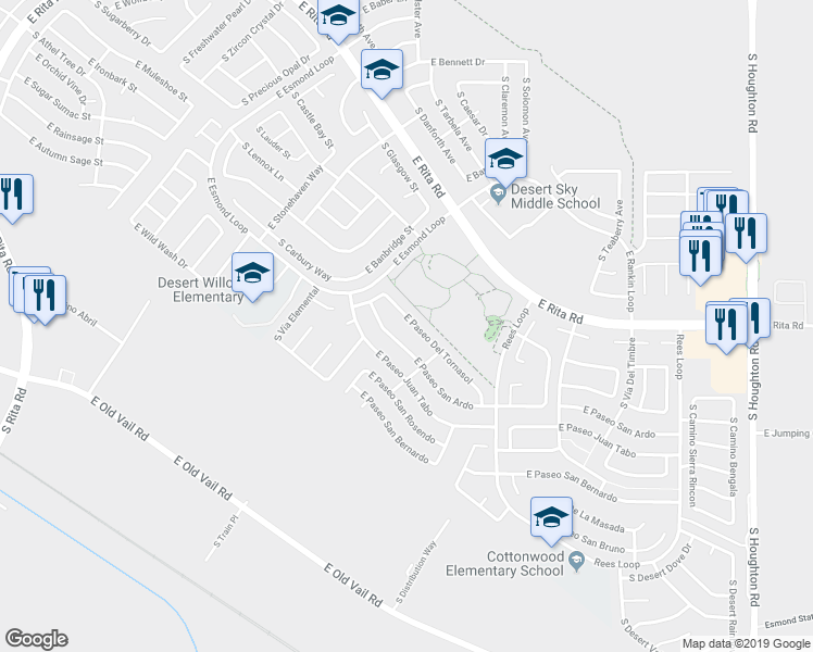 map of restaurants, bars, coffee shops, grocery stores, and more near 9636 East Paseo Del Tornasol in Tucson
