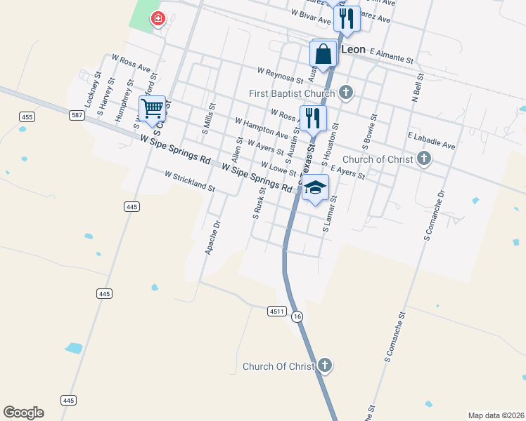 map of restaurants, bars, coffee shops, grocery stores, and more near 232 West Pecan Avenue in De Leon