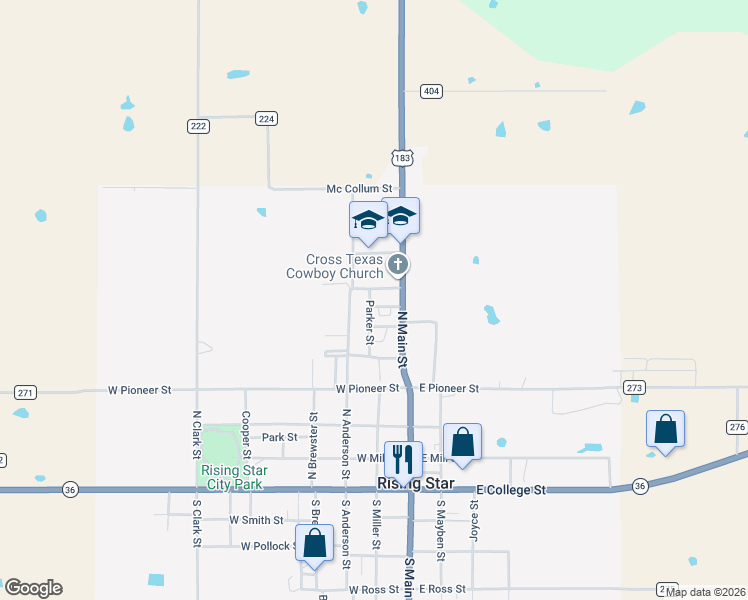 map of restaurants, bars, coffee shops, grocery stores, and more near 7009 Parker Street in Rising Star
