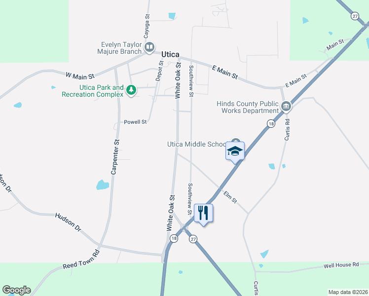 map of restaurants, bars, coffee shops, grocery stores, and more near 335 White Oak Street in Utica
