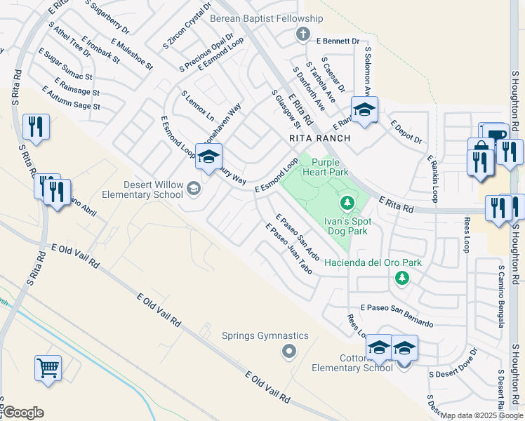 map of restaurants, bars, coffee shops, grocery stores, and more near 8200 South Placita Juan Tabo in Tucson