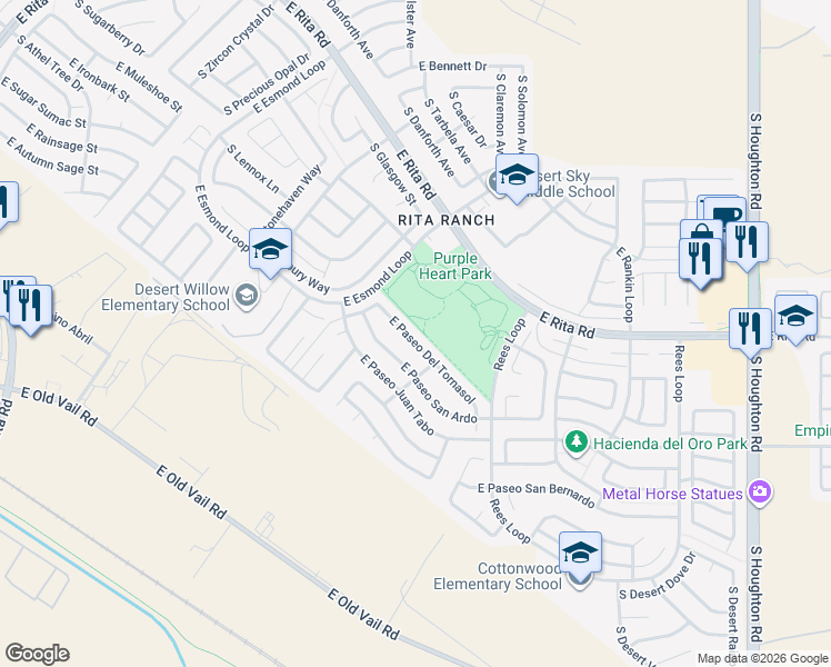 map of restaurants, bars, coffee shops, grocery stores, and more near 9669 East Paseo Del Tornasol in Tucson