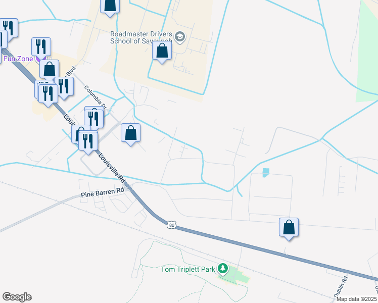 map of restaurants, bars, coffee shops, grocery stores, and more near 5250 Old Louisville Road in Pooler