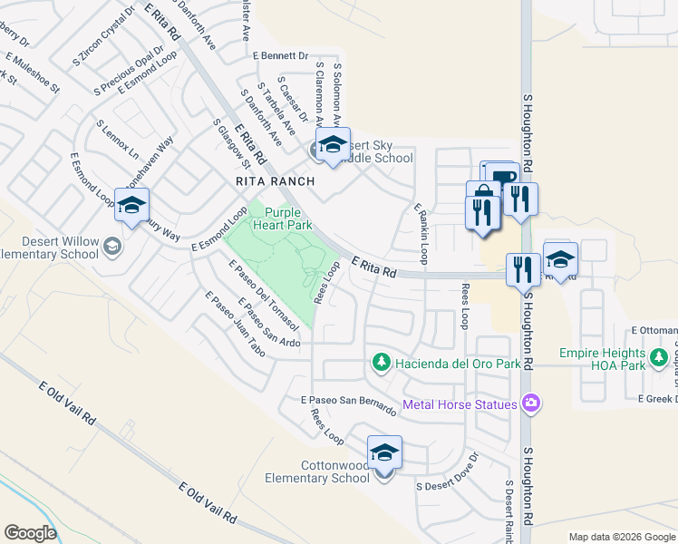 map of restaurants, bars, coffee shops, grocery stores, and more near 8200 South Placita Del Barquero in Tucson