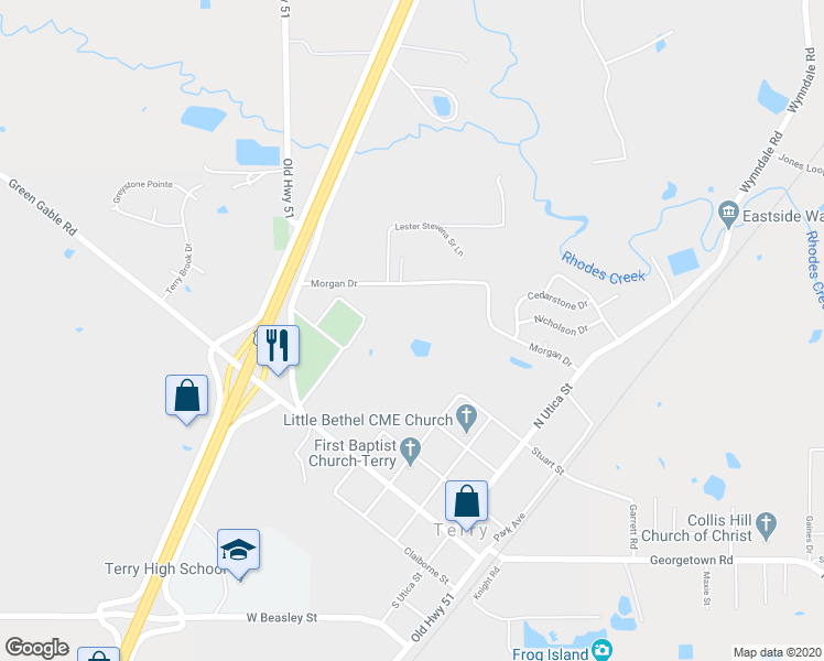 map of restaurants, bars, coffee shops, grocery stores, and more near 501 Morgan Drive in Terry