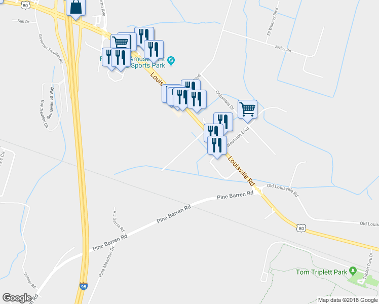 map of restaurants, bars, coffee shops, grocery stores, and more near 106 Sharon Court in Pooler