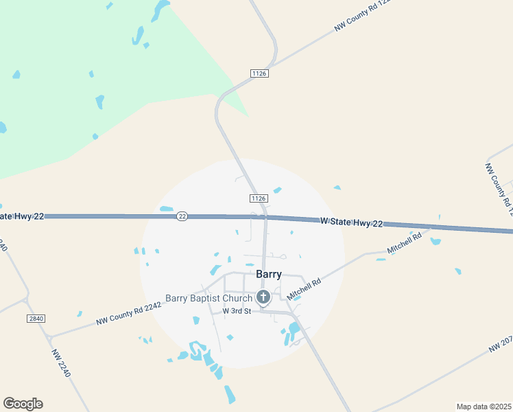 map of restaurants, bars, coffee shops, grocery stores, and more near 110 E State Highway 22 in Barry