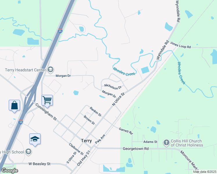 map of restaurants, bars, coffee shops, grocery stores, and more near 108 Nicholson Drive in Terry