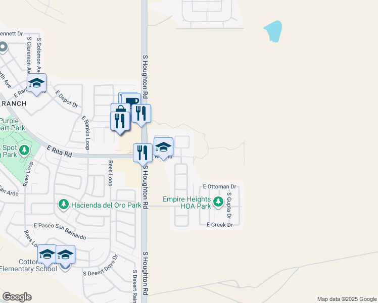 map of restaurants, bars, coffee shops, grocery stores, and more near 10483 East Rita Ranch Crossing Circle in Tucson