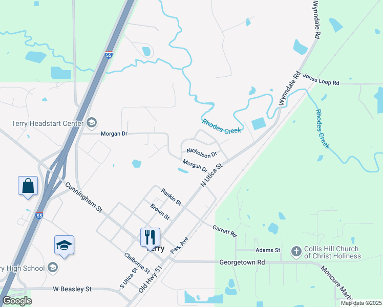 map of restaurants, bars, coffee shops, grocery stores, and more near 108 Nicholson Drive in Terry