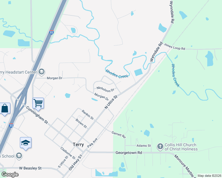 map of restaurants, bars, coffee shops, grocery stores, and more near 125 Nicholson Drive in Terry