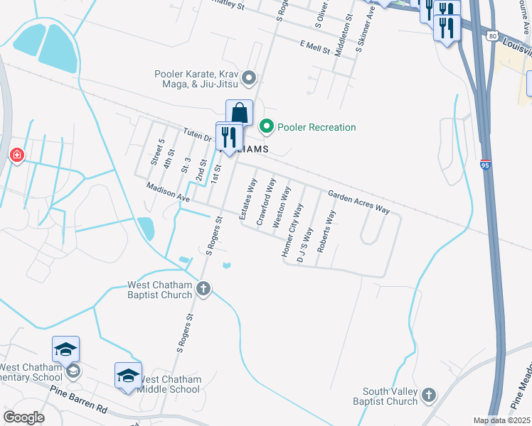 map of restaurants, bars, coffee shops, grocery stores, and more near 1232 Crawford Way in Pooler