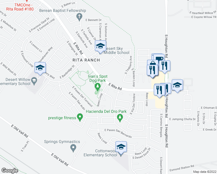 map of restaurants, bars, coffee shops, grocery stores, and more near 8200 South Placita Del Barquero in Tucson