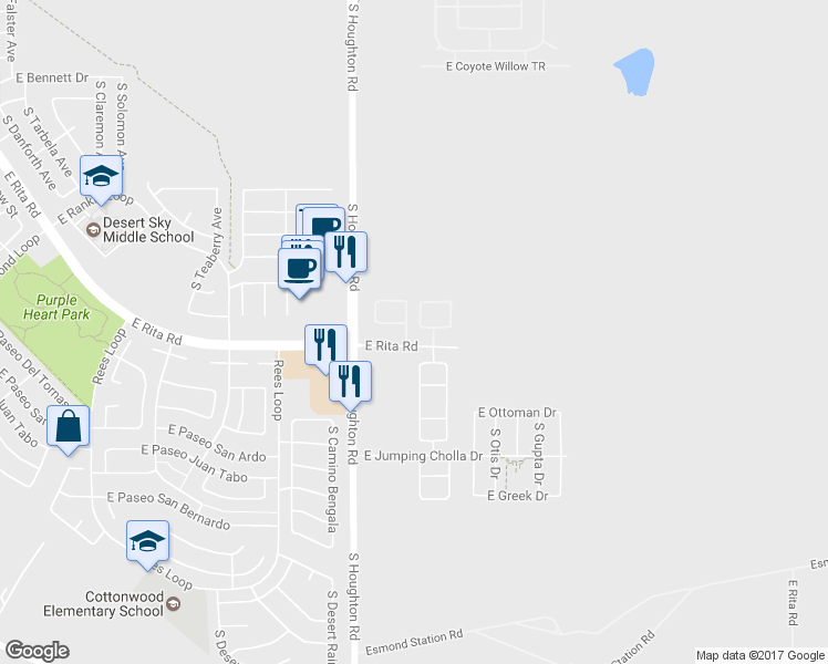 map of restaurants, bars, coffee shops, grocery stores, and more near 10425 East Rita Ranch Crossing Circle in Tucson