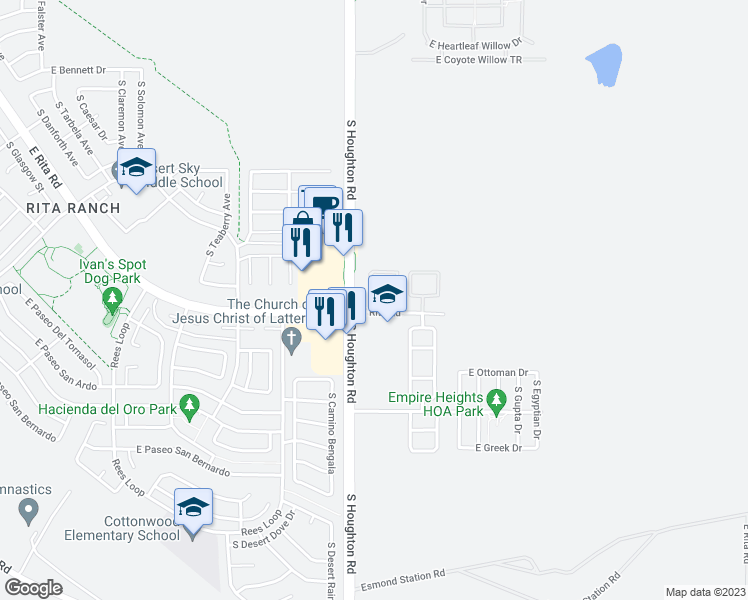 map of restaurants, bars, coffee shops, grocery stores, and more near 10340 East Danwood Way in Tucson