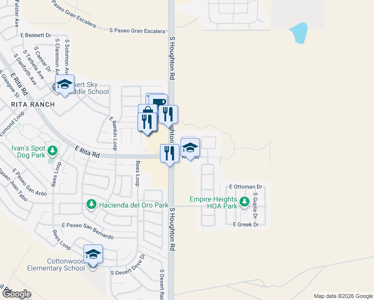 map of restaurants, bars, coffee shops, grocery stores, and more near 10324 East Danwood Way in Tucson